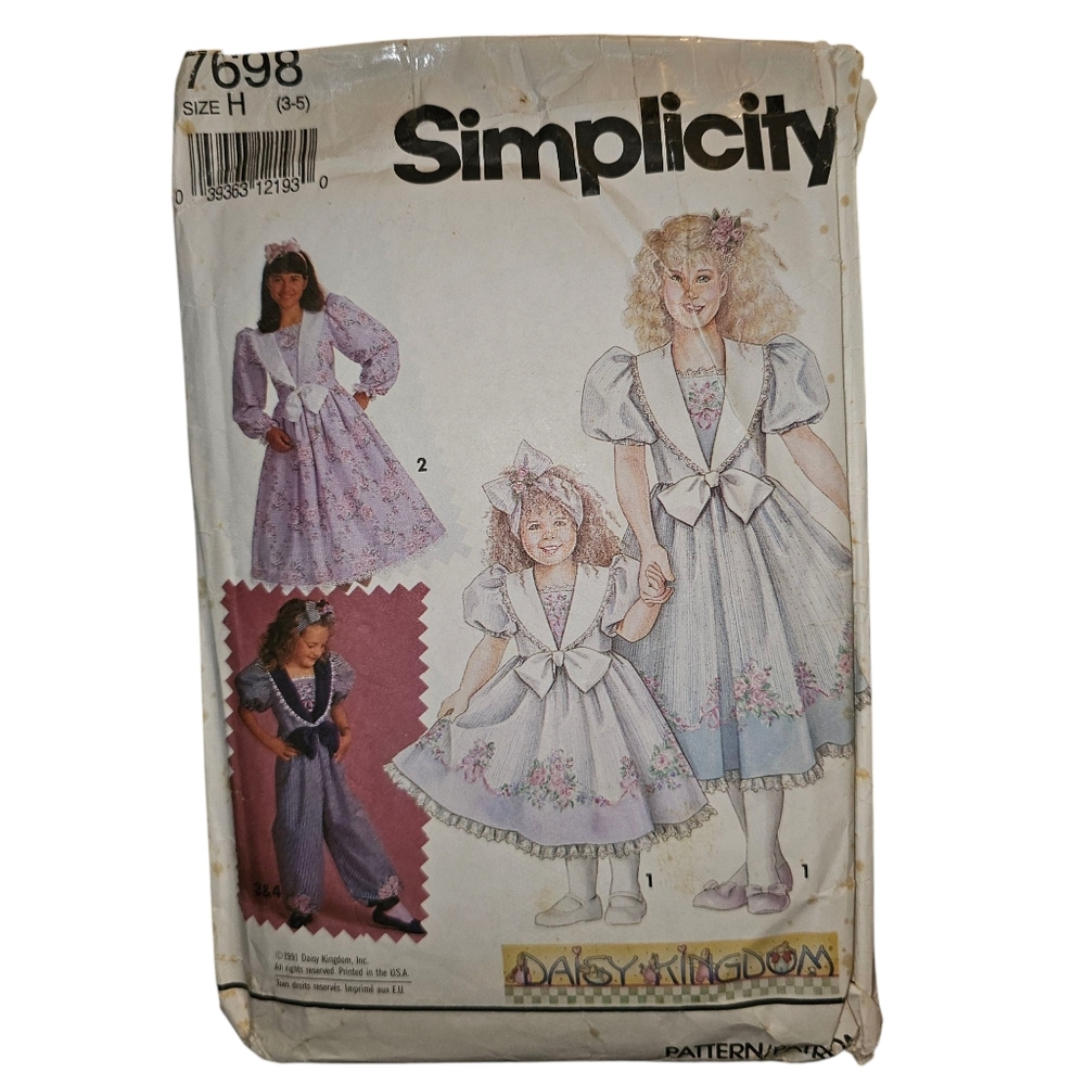 Vtg Simplicity 7698 Daisy Kingdom Girls Sz H (3-5) Dress Romper 1991